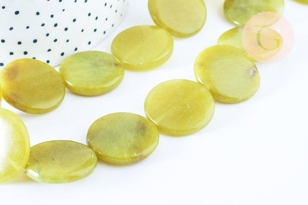 Perle disque jade naturel jaune 25mm,bijoux pierre naturelle, x5 G6466