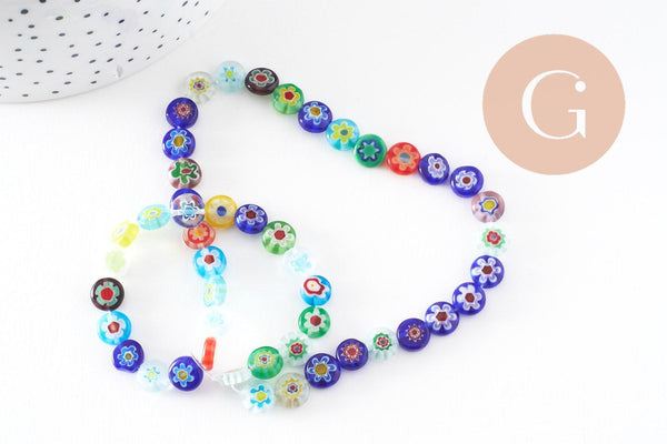 Perle disque verre millefiori 8mm,x1 fil de 35cm (G2804)