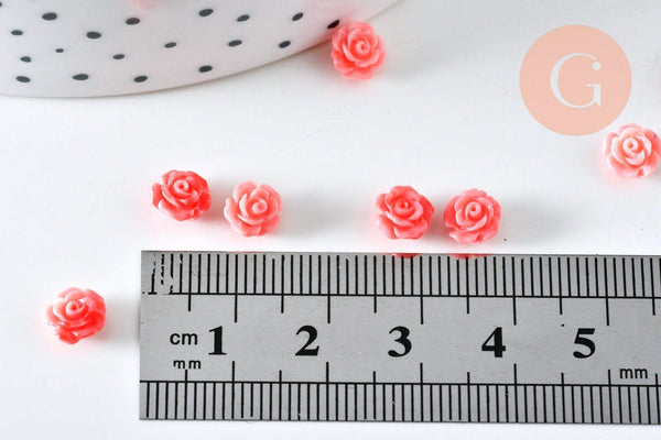 Perle fleur de rose résine rose 6.5x4.5mm, doré fleur, bijou romantique, x10 (G6332)