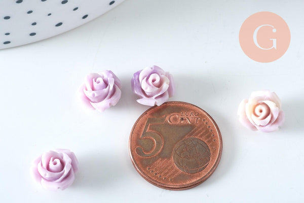 Perle fleur de rose résine violette 10x8mm, création bijou doré fleur, bijou romantique, x10 (G6330)