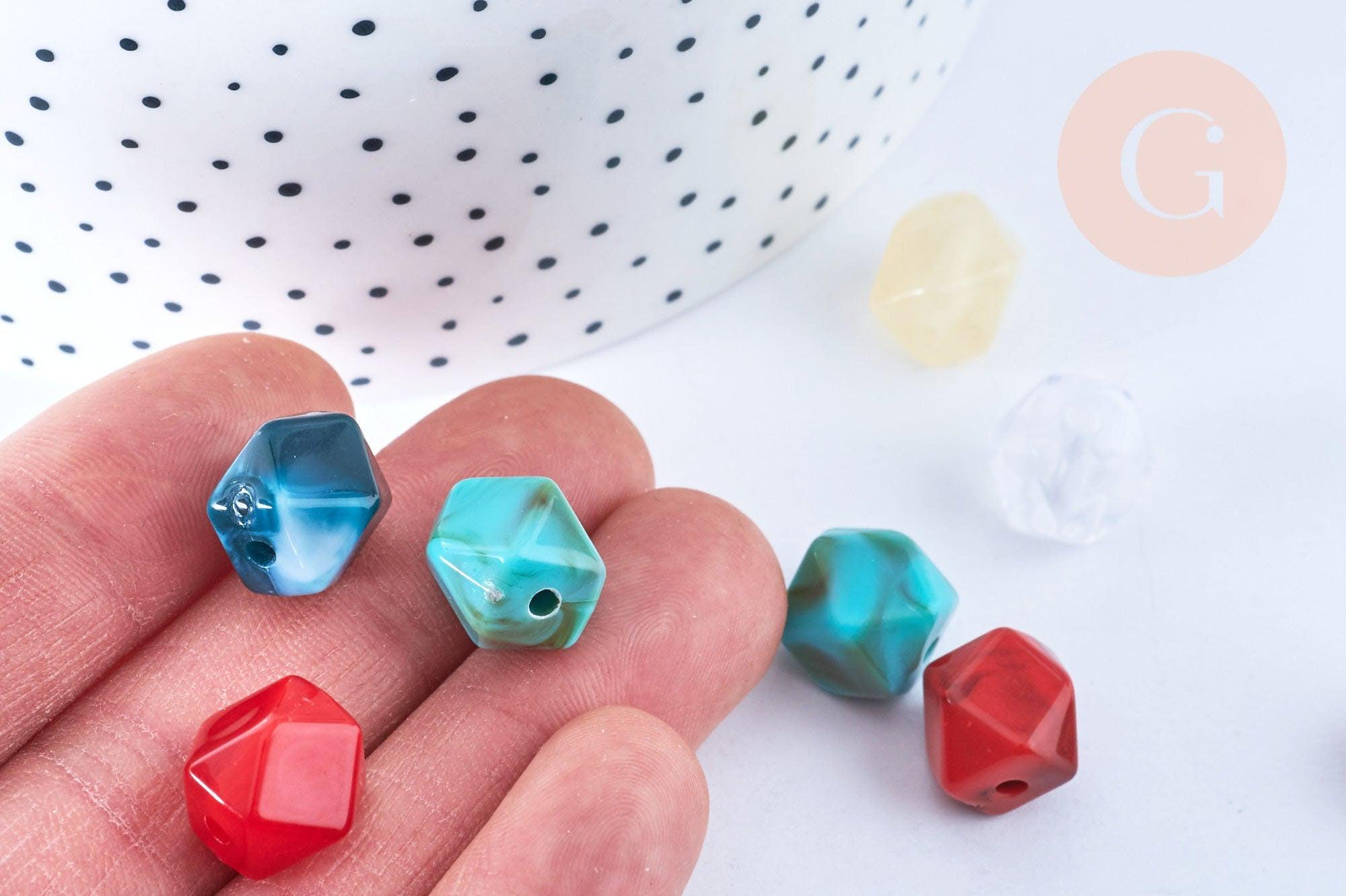 Perle hexagone imitation gemme plastique multicolore 11.5mm, perle plastique coloré, couleurs mélangées,x 10 perles G6402