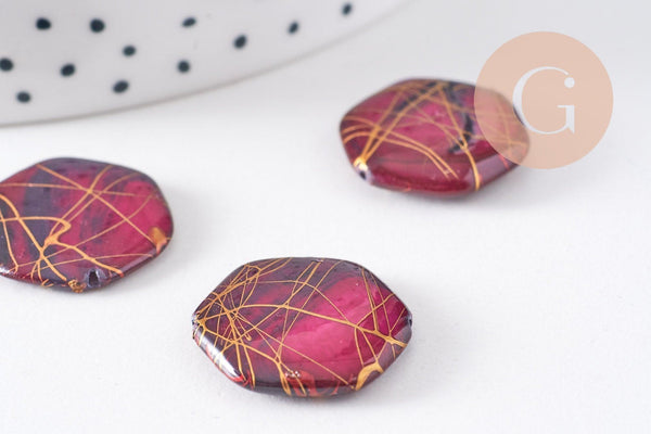 Perle hexagone nacre naturelle rose fuchsia or, perle hexagonale, coquillage ,20mm, x20 perles (G3855)