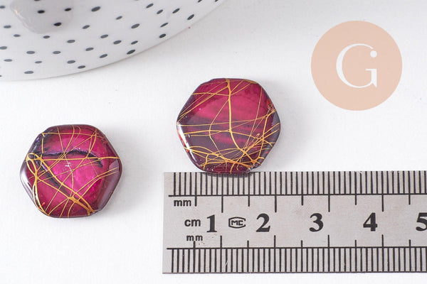 Perle hexagone nacre naturelle rose fuchsia or, perle hexagonale, coquillage ,20mm, x20 perles (G3855)