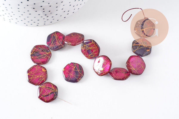 Perle hexagone nacre naturelle rose fuchsia or, perle hexagonale, coquillage ,20mm, x20 perles (G3855)