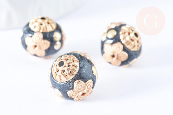 Perle indonesienne polymère noir strass et zamac doré 14mm,bijou ethnique exotique, x1 (G6570)