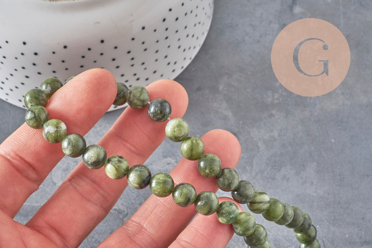 Perle jade vert olive ronde naturelle 8mm, x1 fil de 38cm (G11341)-Perles-Gingerlily Perles
