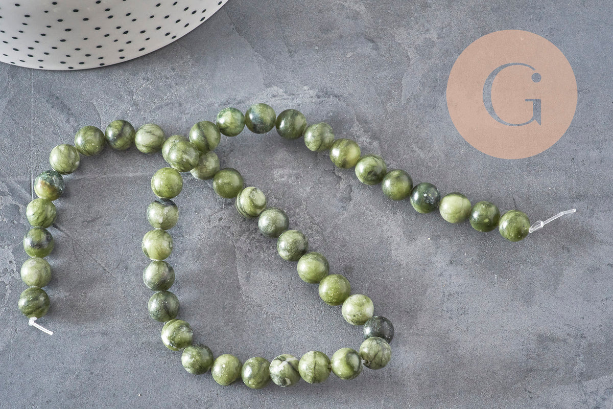 Perle jade vert olive ronde naturelle 8mm, x1 fil de 38cm (G11341)-Perles-Gingerlily Perles