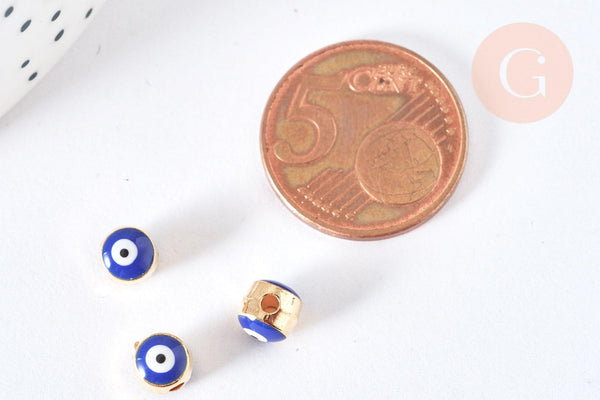 Perle mauvais œil doré émail bleu foncé laiton doré 5,5mm,chance, bijou mauvais oeil, x10 G7118