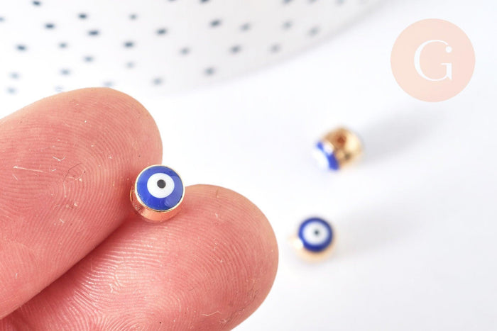 Perle mauvais œil doré émail bleu foncé laiton doré 5,5mm,chance, bijou mauvais oeil, x10 G7118