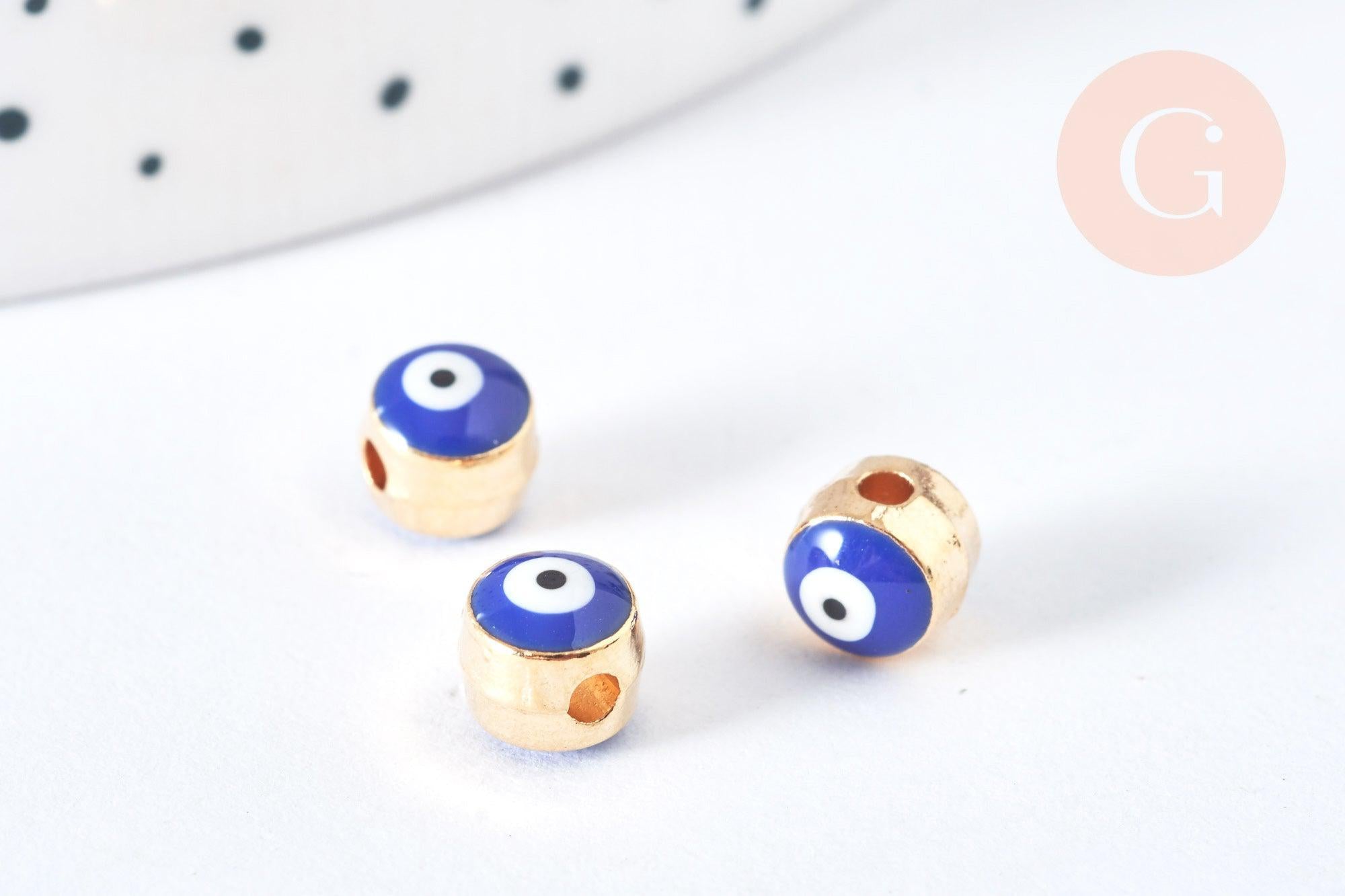 Perle mauvais œil doré émail bleu foncé laiton doré 5,5mm,chance, bijou mauvais oeil, x10 G7118