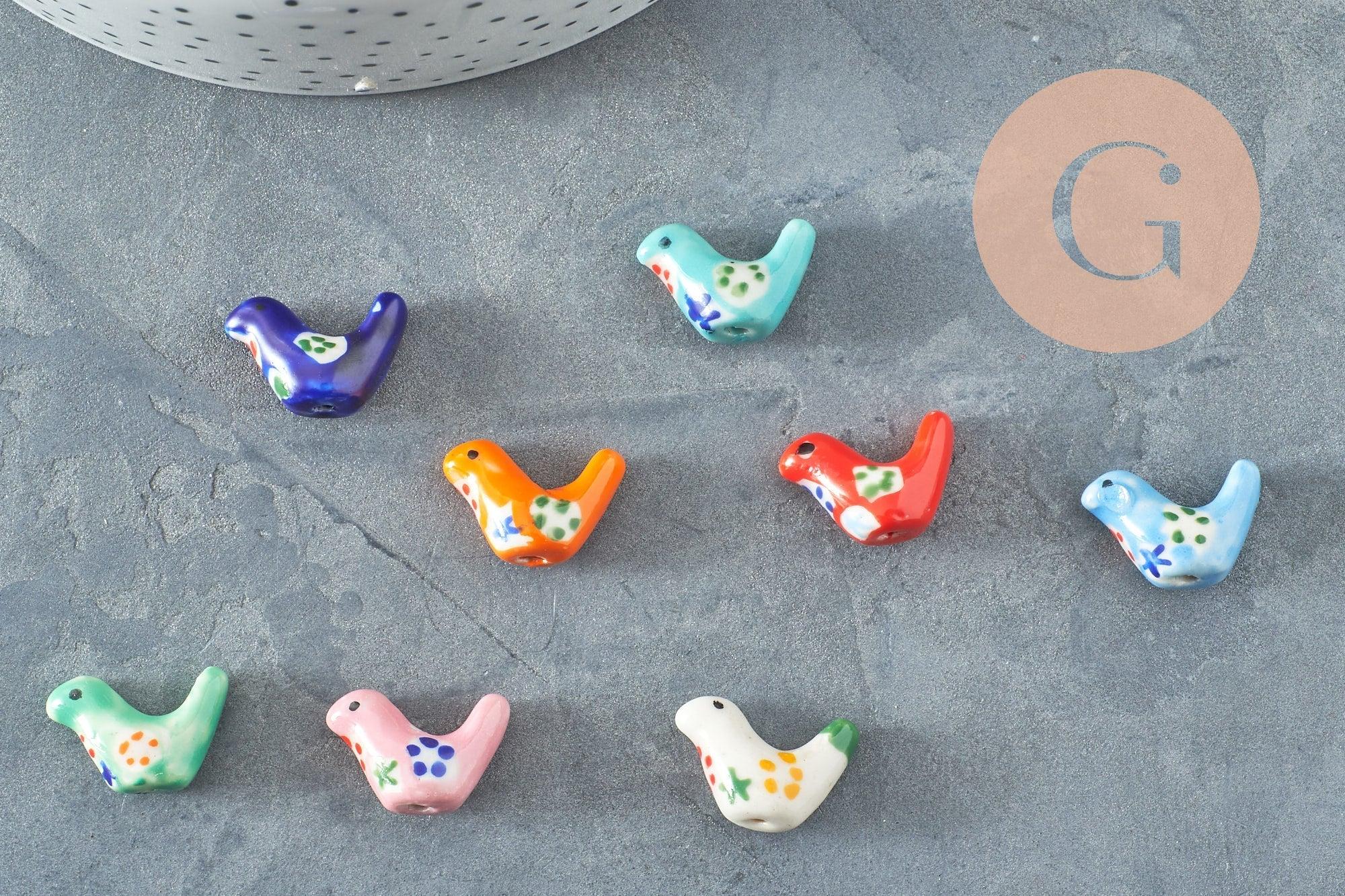 Perle oiseau porcelaine multicolore décor fleurs 19mm, x1 (G9818)