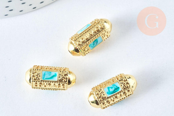 Perle ovale talisman message "courage" émail bleu doré18k 20 mm, perle dorée à message pour création bijoux, x1 G6993