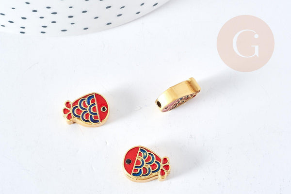 Perle poisson émail coloré zamac doré 14mm, x1 (G8707)