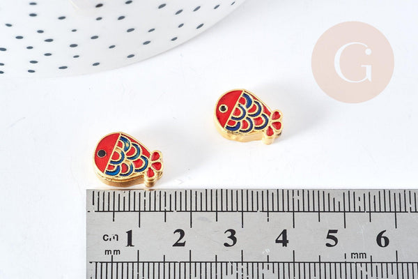 Perle poisson émail coloré zamac doré 14mm, x1 (G8707)