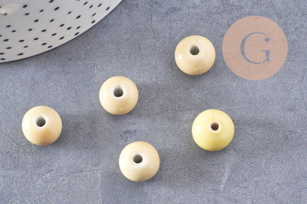 Perle porcelaine jaune pâle, perle céramique, perle ronde, 1.5cm, x5 (G2300)