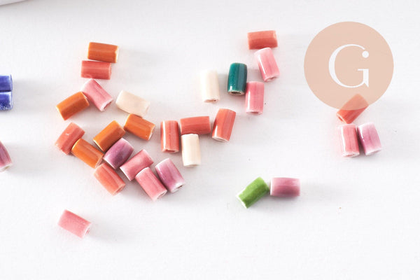 Perle porcelaine multicolore 5x3mm, perle céramique, porcelaine bleu,perle tube, x10 G2583