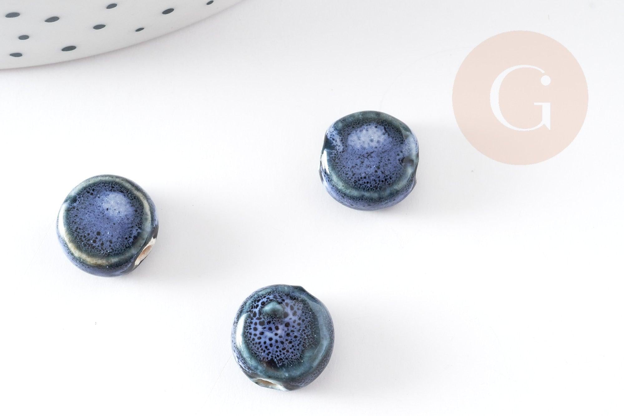 Perle porcelaine ronde bleu émaillé 10.5mm, perle céramique géométrique pour fabrication bijoux céramique, x5 (G9199)