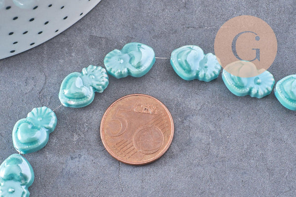 Perle porcelaine turquoise coeur irisé, perle céramique, céramique bleu, 16mm, x20 G3973
