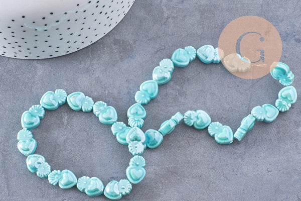 Perle porcelaine turquoise coeur irisé, perle céramique, céramique bleu, 16mm, x20 G3973