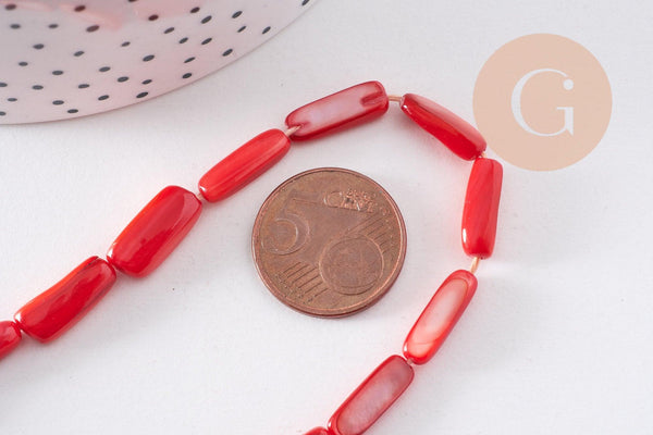 Perle rectangle nacre rouge naturelle, perle rectangulaire, coquillage teinté rouge, 14mm,fil de 39cm, x1 (G1063)