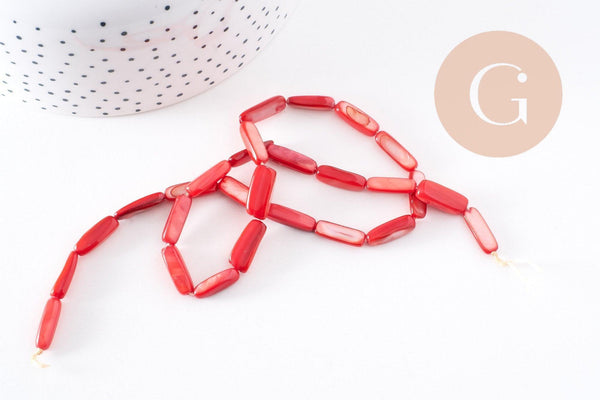 Perle rectangle nacre rouge naturelle, perle rectangulaire, coquillage teinté rouge, 14mm,fil de 39cm, x1 (G1063)