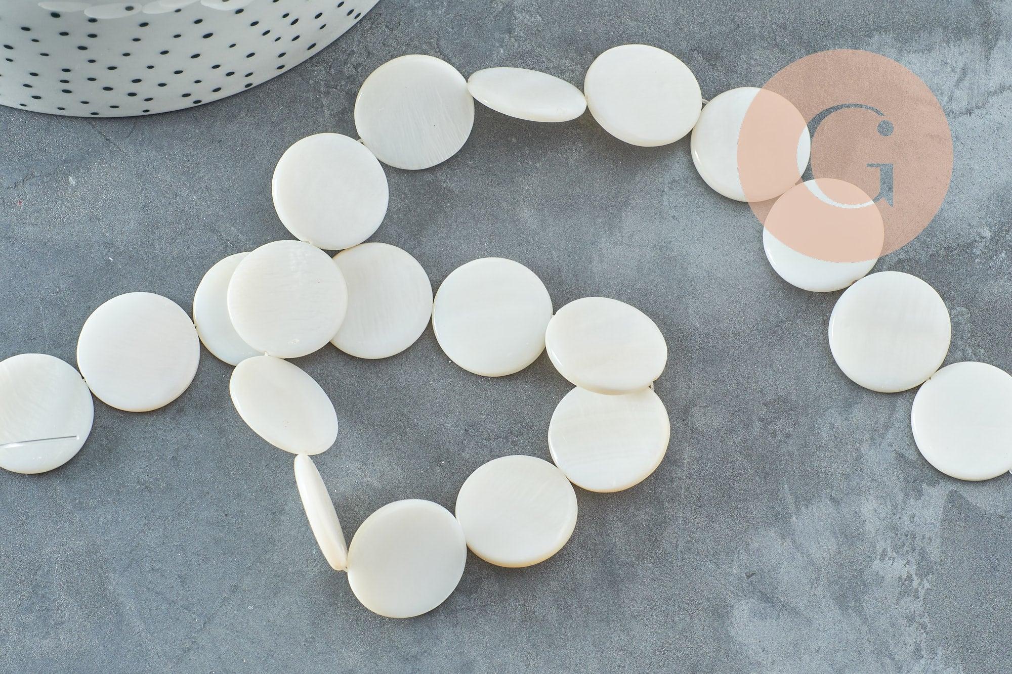 Perle rond nacre blanche naturelle 20mm, coquillage blanc, fil de 40cm, x1 (G5582)