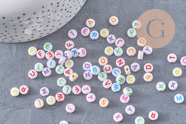 Perle ronde Lettre Alphabet plastique blanc lettre colorée, x 10Gr (G4091)
