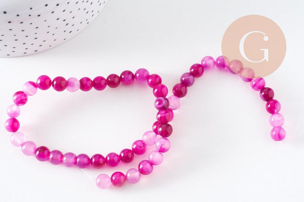 Perle ronde agate feu naturelle rayée fuchsia ronde 8mm, x1 fil de 38cm (G3850)
