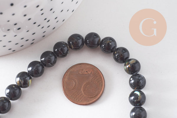 Perle ronde coquillage et turquoise noire 8mm, x1 fil de 39cm (G3839)