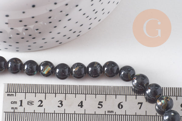 Perle ronde coquillage et turquoise noire 8mm, x1 fil de 39cm (G3839)