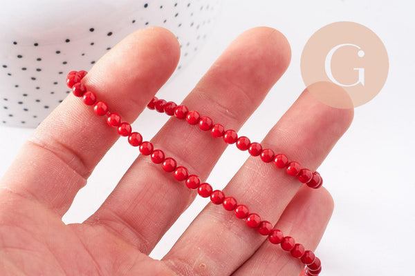 Perle ronde corail naturel teinté rouge 4mm, perles coquillage, x1 fil de 39cm(G0694)