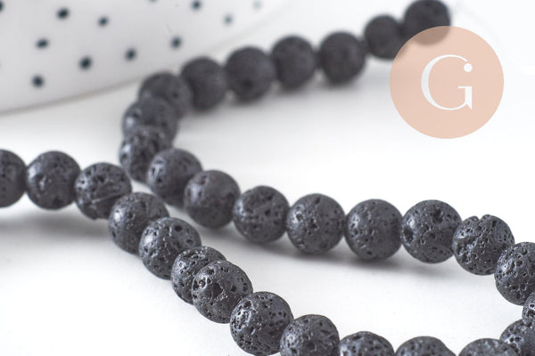 Perle ronde en lave noire naturelle 6mm, x1 fil de 39cm (G1571)