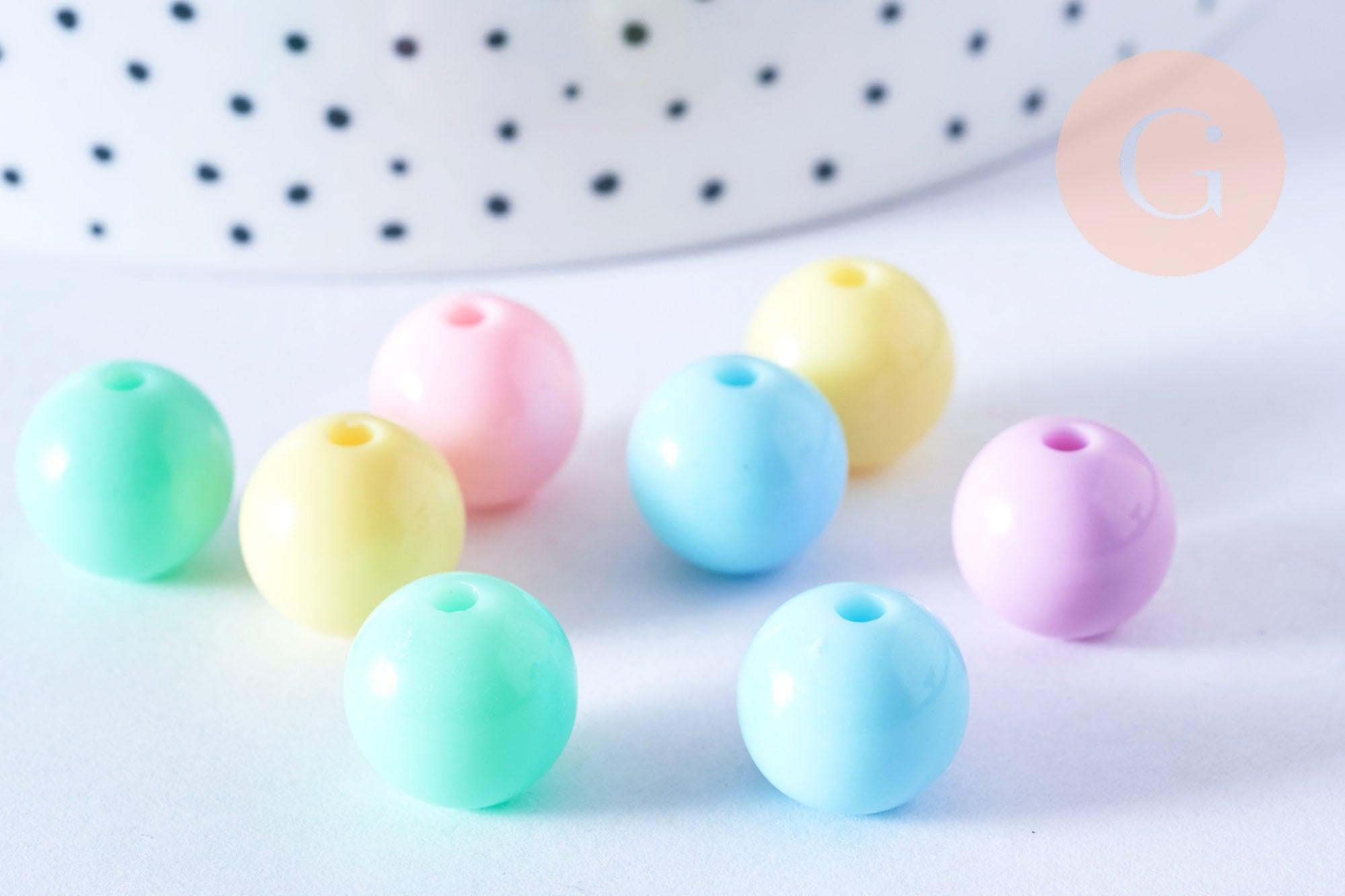 Perle ronde en plastique multicolore 12mm , perle enfance en plastique coloré, couleurs mélangées,x 50 perles (46.5 Gr) G6633