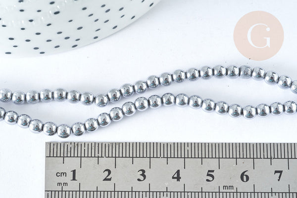 Perle ronde hématite de synthèse gris clair 4mm,DIY, x1 le fil de 39cm (G7402)