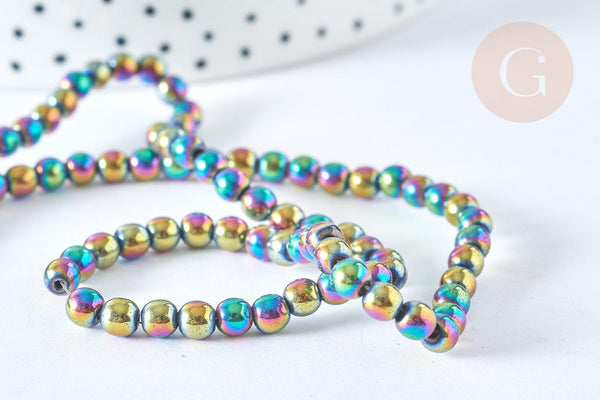 Perle ronde hématite de synthèse multicolore 4mm, création bijoux DIY, le fil de 39cm, X1 (G7403)