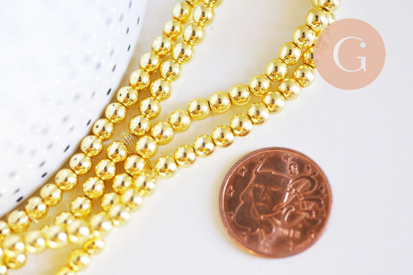 Perle ronde hématite dorée 4mm, perle hématite synthétique pierre, fil de 39cm, x1 (G6272)