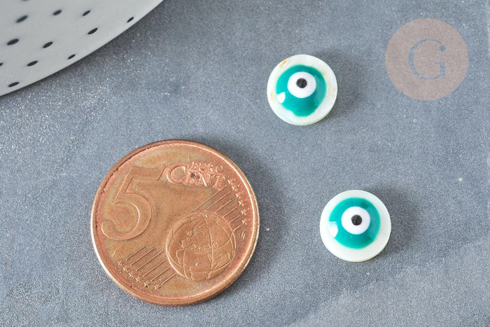 Perle ronde nacre naturelle blanche turquoise mauvais oeil 8.5-9mm, x10 (G1961)