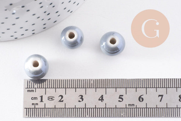Perle ronde porcelaine gris clair,perle céramique, porcelaine grise, perle ronde, 1.2cm, x5 G3199