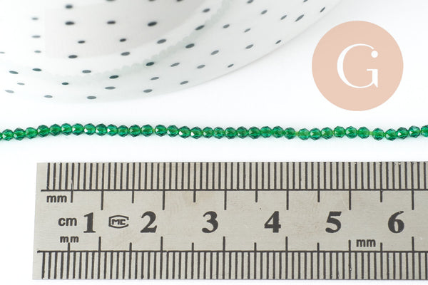 Perle ronde verre facettée transparente vert foncé 2mm, fourniture création de bijoux DIY, fil de 37cm, x1 (G7393)