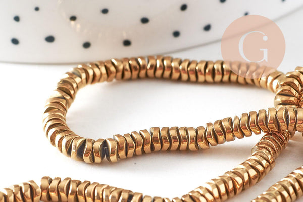 Perle rondelle hématite dorée 18K forme vague 4mm, fil de 40.5cm x1 (G5657)