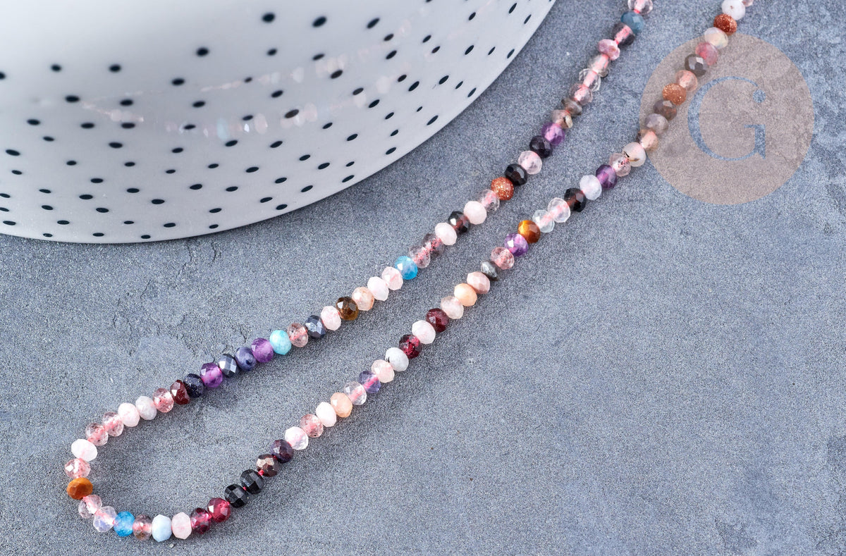 Perle rondelle pierres naturelles mélangées facettes 3x2mm, x1 fil de 39cm(G8700)