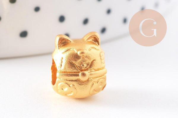 Perle tête de chat porte-bonheur zamac doré mat 12.5mm, x5 (G10251)