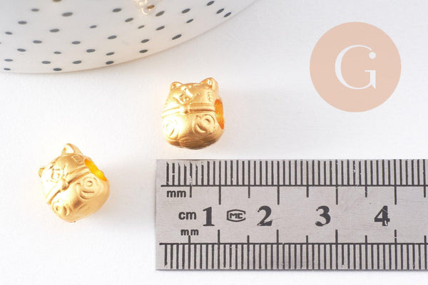 Perle tête de chat porte-bonheur zamac doré mat 12.5mm, x5 (G10251)