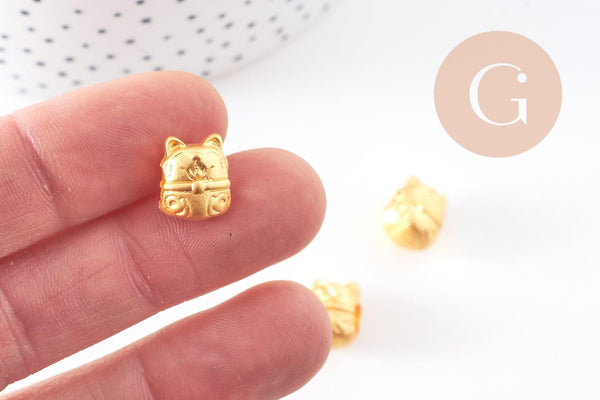 Perle tête de chat porte-bonheur zamac doré mat 12.5mm, x5 (G10251)