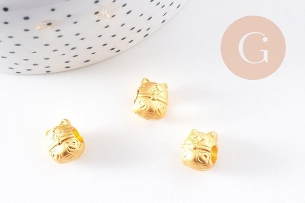 Perle tête de chat porte-bonheur zamac doré mat 12.5mm, x5 (G10251)