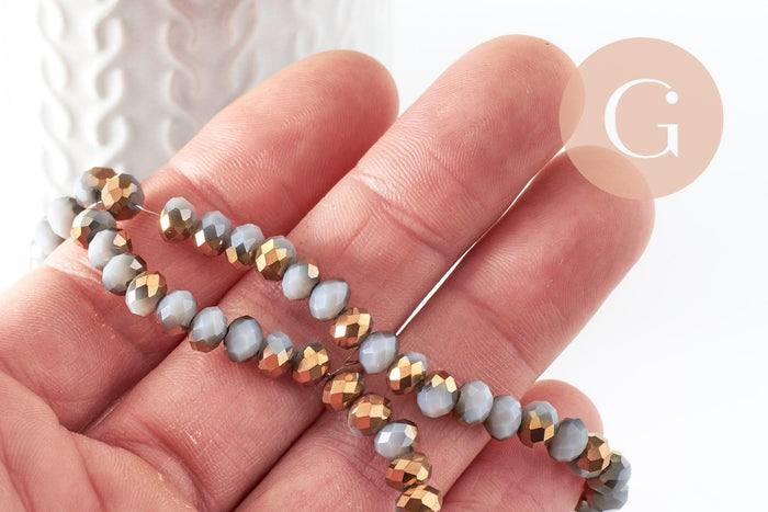 Perle toupie cristal gris or 6x5mm, perles bijoux, perle bicone cristal gris,Perle verre facette, fil de 42 cm x1 (G6179)