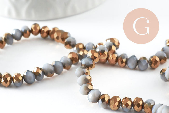 Perle toupie cristal gris or 6x5mm, perles bijoux, perle bicone cristal gris,Perle verre facette, fil de 42 cm x1 (G6179)