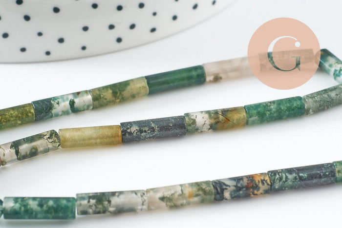 Perle tube agate mousse naturelle 13-14mm, x1 fil de 40cm (G2545)