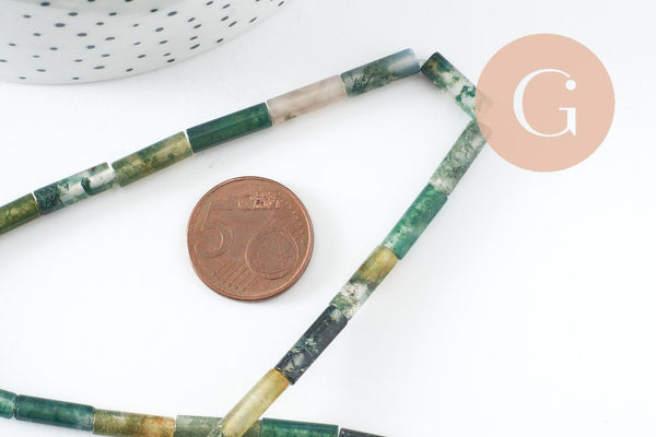 Perle tube agate mousse naturelle 13-14mm, x1 fil de 40cm (G2545)