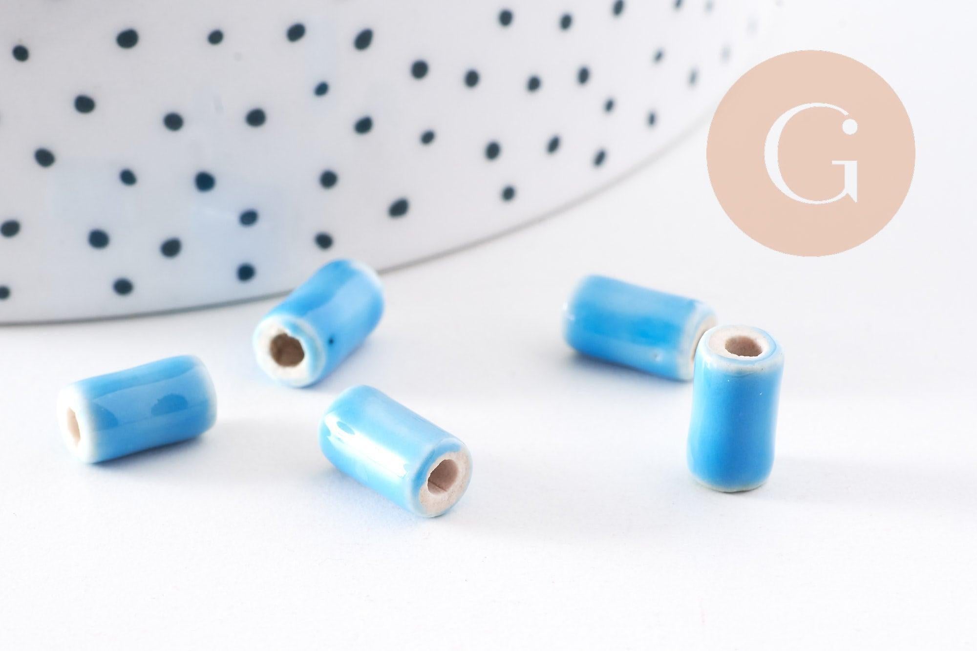 Perle tube porcelaine bleu 10mm, x5 (G2348)